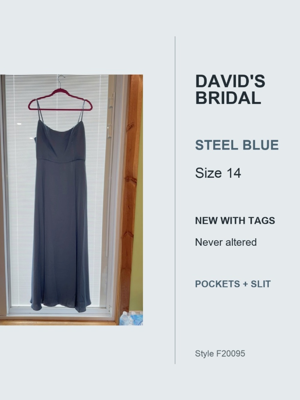David’s Bridal F20095 Steel Blue Satin Bridesmaid Dress Size 14 NWT